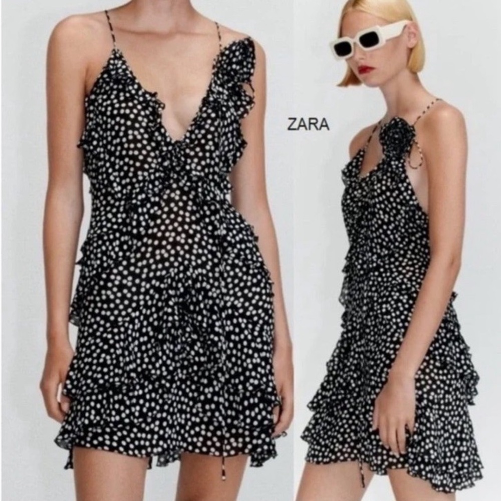 ZARA Black & White Polka Dot Ruffle Mini Dress – XS – NWT